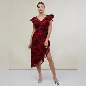NWT Rachel Parcell Burnout Velvet Ruffle High Low Midi Dress Rose Red Size 0